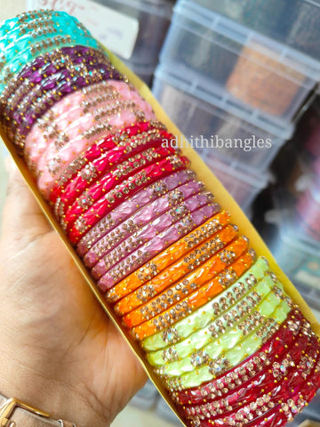 Crystal kada Heart Model glass bangles -8 colour combo set -"Stone Heart Model"