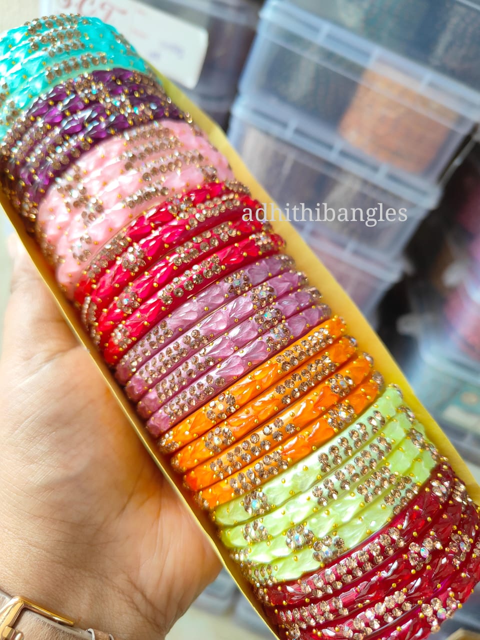 Crystal kada Heart Model glass bangles -8 colour combo set -"Stone Heart Model"