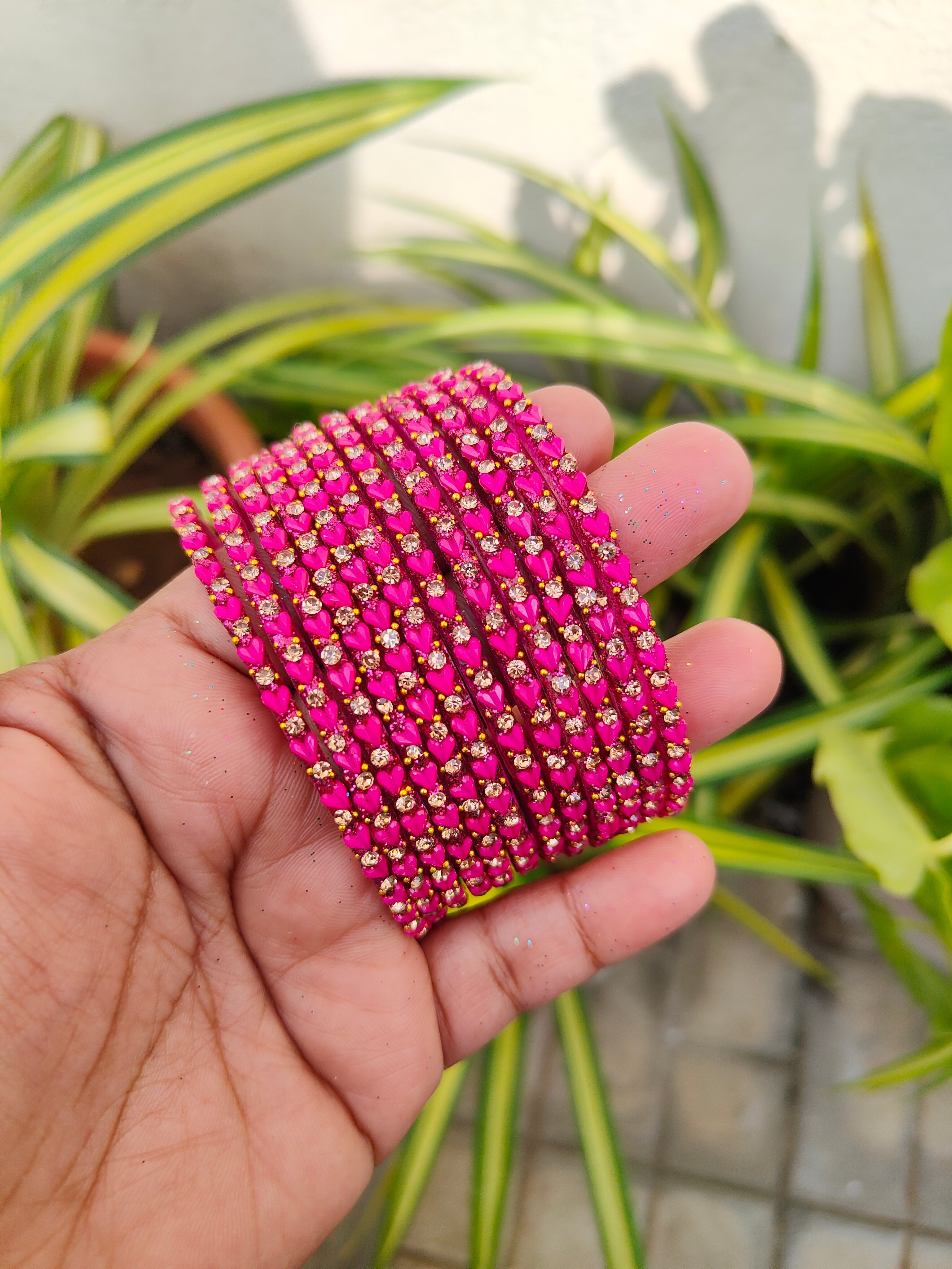 Heart Model Glass Bangles-Rani Pink